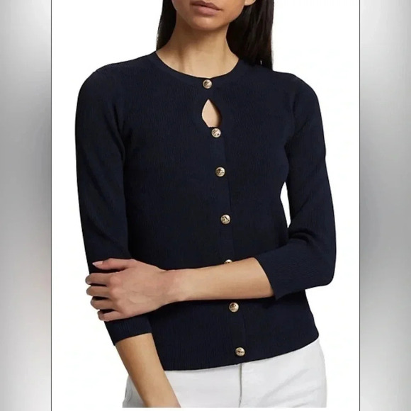 Elie Tahari The Mara Keyhole Button Up Cardigan, Black, Gold Buttons, NWT - Picture 3 of 8